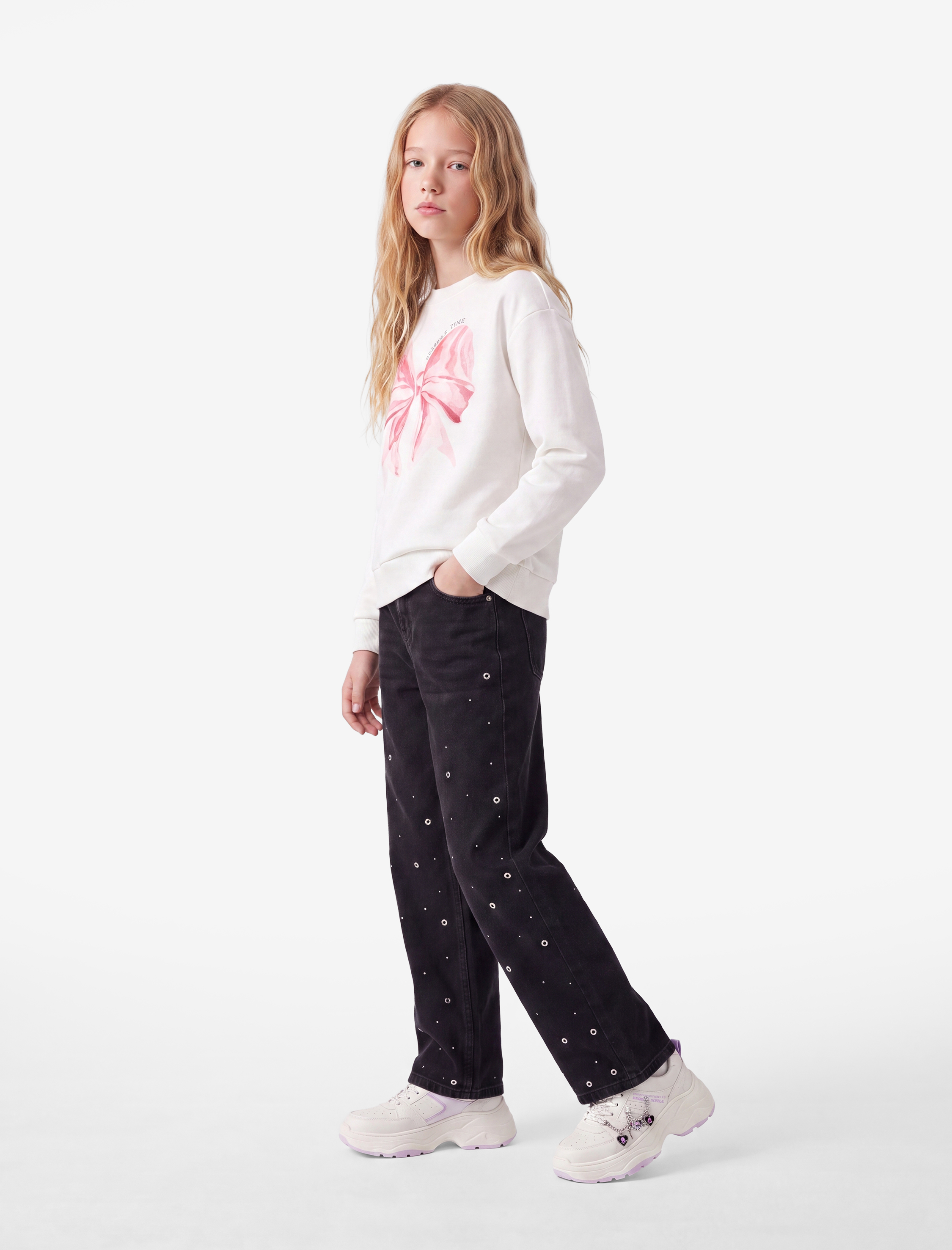  Kız Çocuk Uzun Kollu Bisiklet Yaka Şardonlu Fiyonk Baskılı Sweatshirt