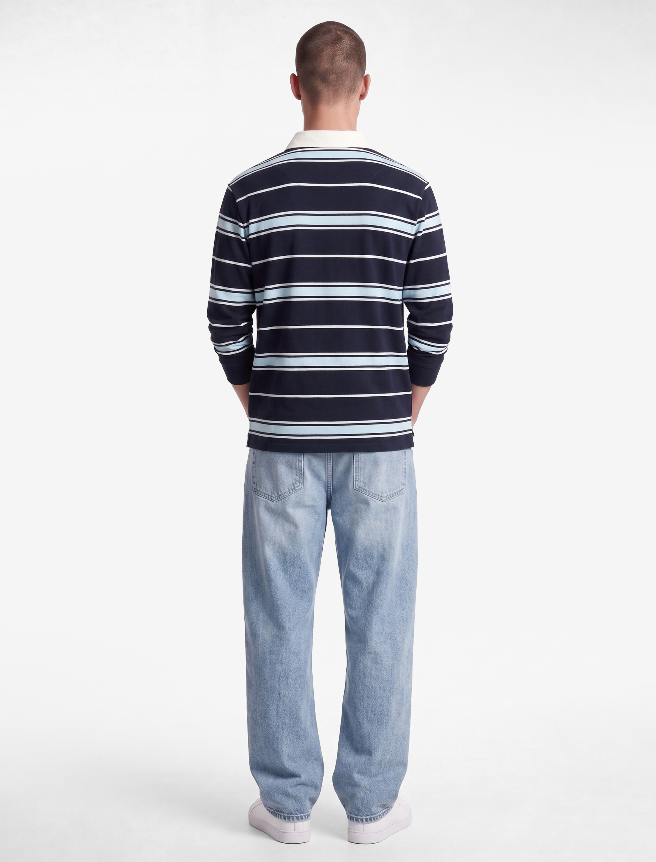   Düğmeli Polo Yaka Uzun Kollu Çizgili Sweatshirt