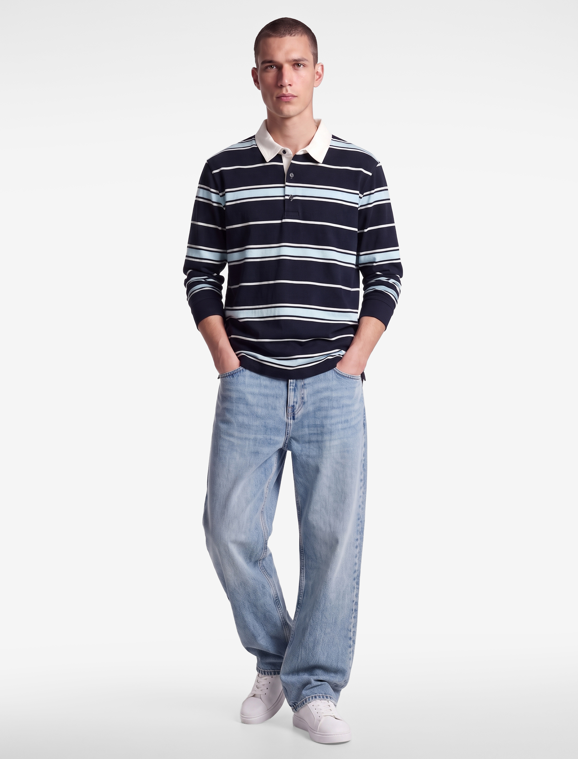   Düğmeli Polo Yaka Uzun Kollu Çizgili Sweatshirt