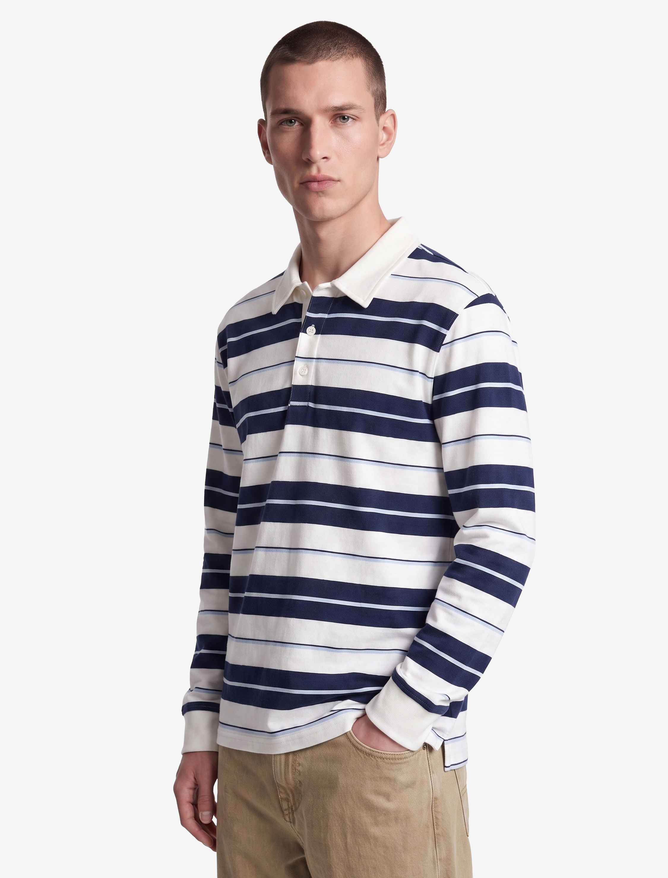   Polo Yaka Düğmeli Uzun Kollu Çizgili Sweatshirt