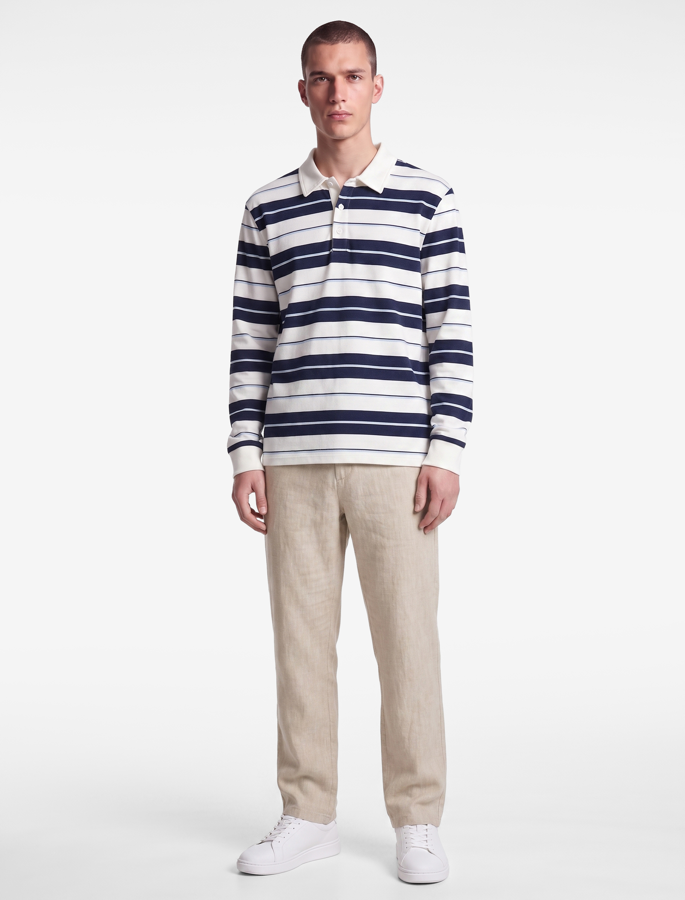   Polo Yaka Düğmeli Uzun Kollu Çizgili Sweatshirt