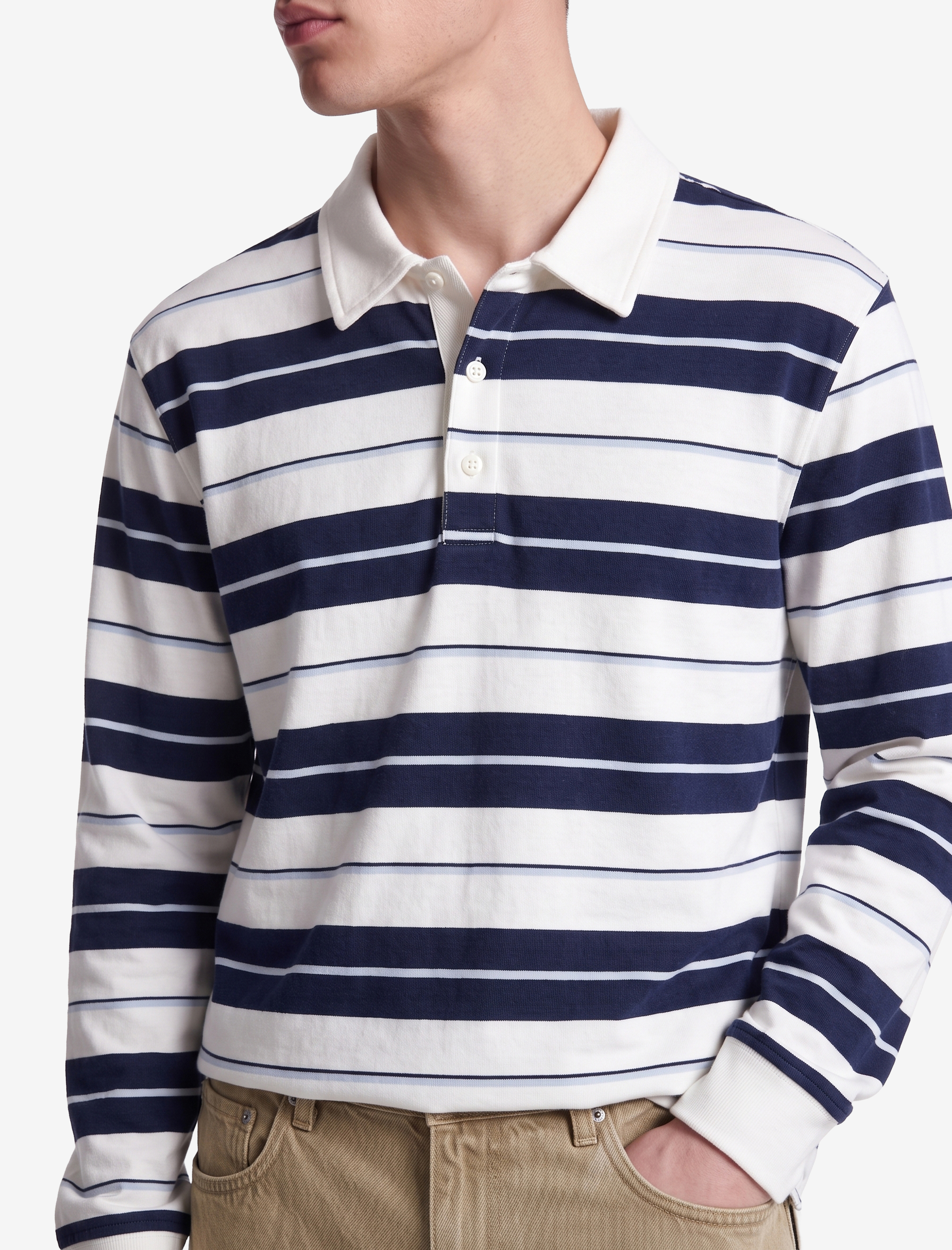   Polo Yaka Düğmeli Uzun Kollu Çizgili Sweatshirt