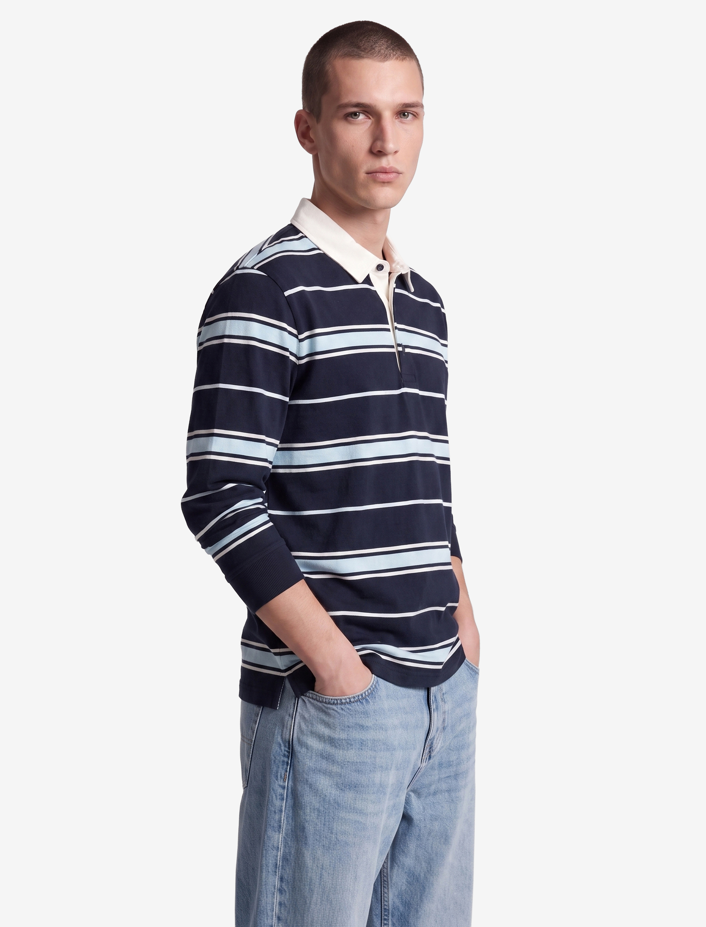   Düğmeli Polo Yaka Uzun Kollu Çizgili Sweatshirt