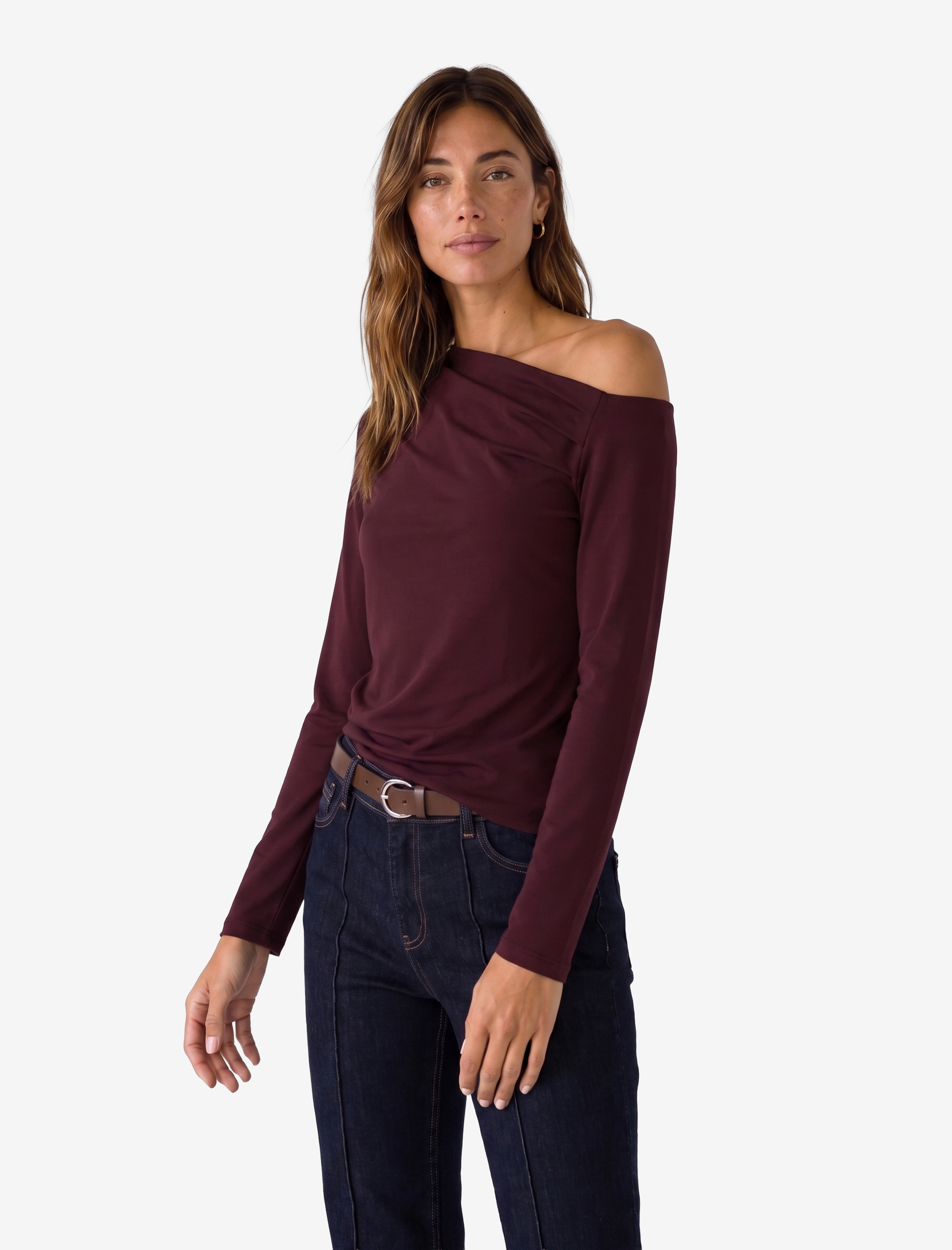   Slim Fit Drapeli Asimetrik Kesim Uzun Kollu Tek Omuz Tişört