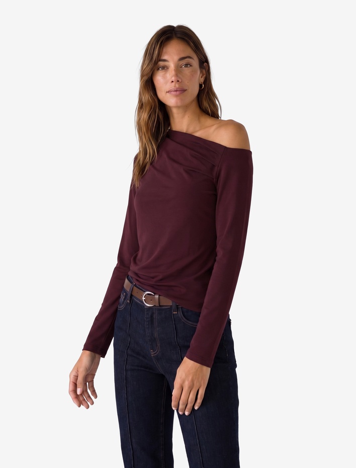  Slim Fit Drapeli Asimetrik Kesim Uzun Kollu Tek Omuz Tişört