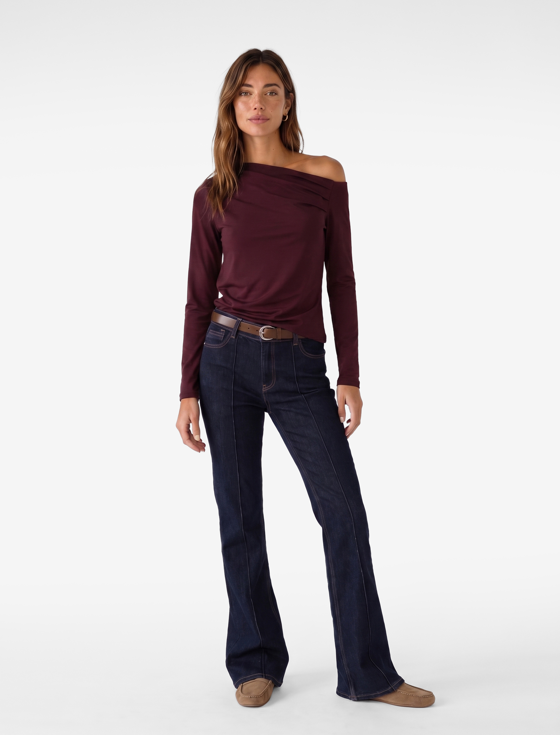   Slim Fit Drapeli Asimetrik Kesim Uzun Kollu Tek Omuz Tişört