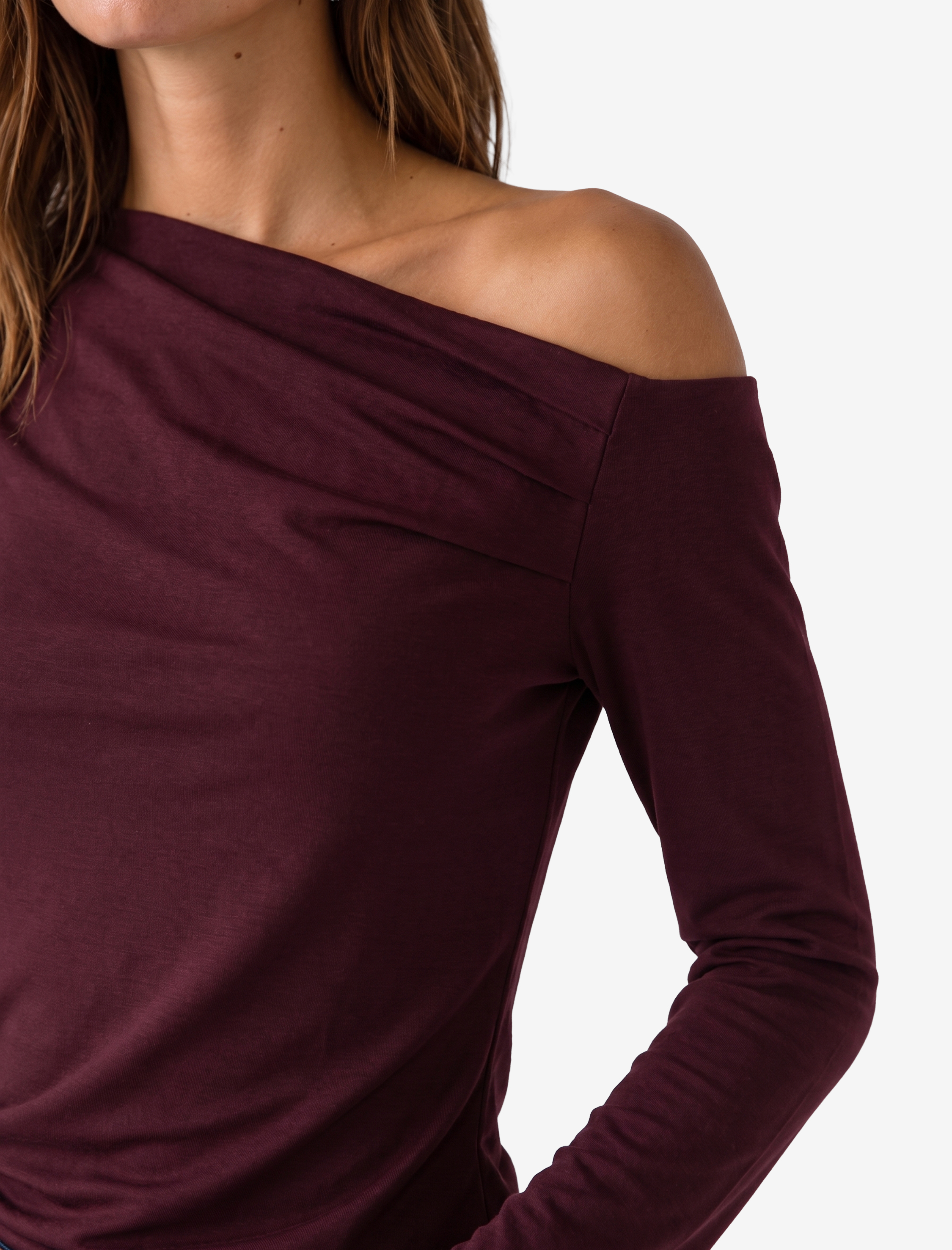   Slim Fit Drapeli Asimetrik Kesim Uzun Kollu Tek Omuz Tişört