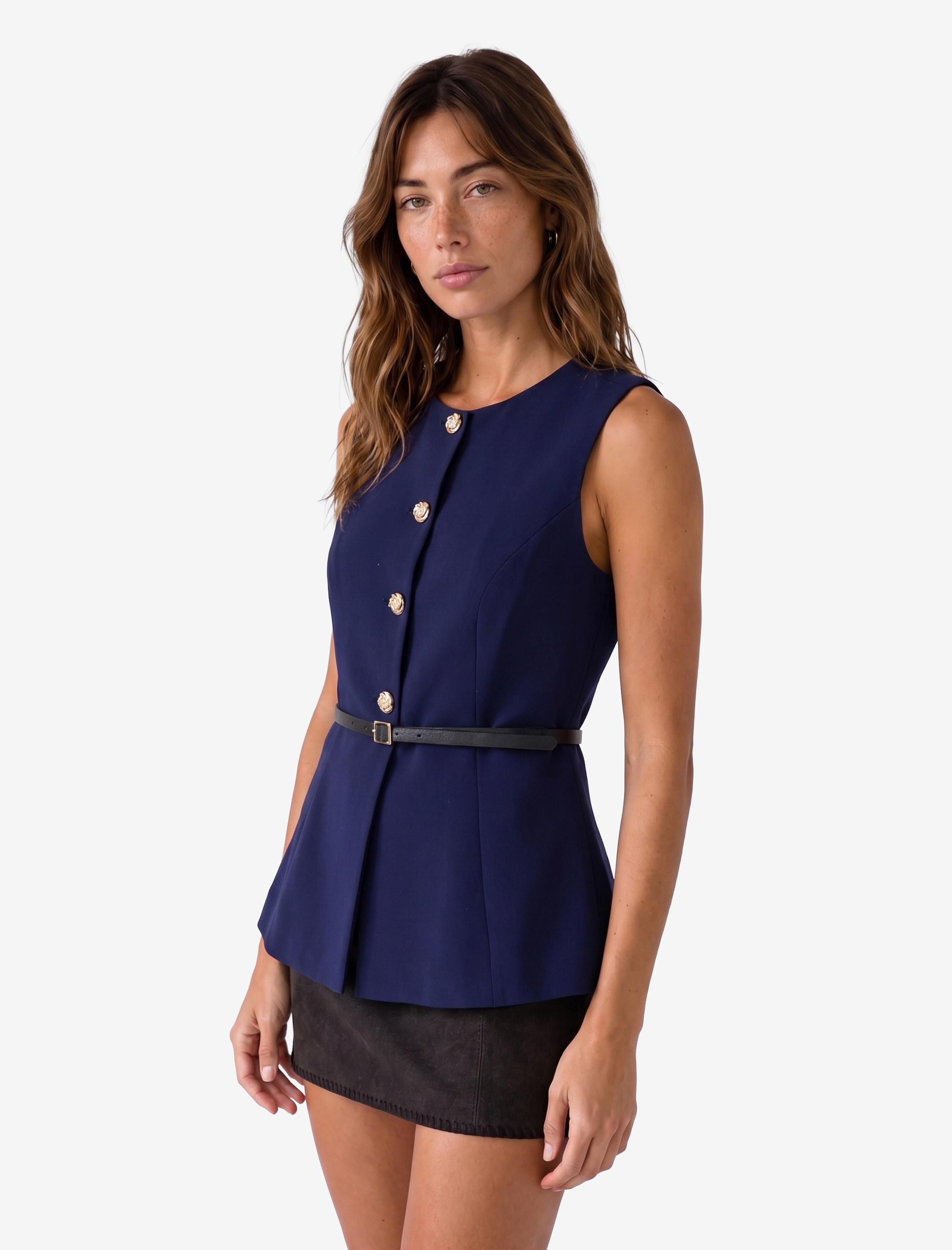   Slim Fit Mücevher Düğmeli Bisiklet Yaka Kemerli Peplum Yelek