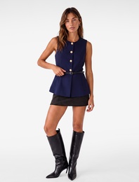 Slim Fit Mücevher Düğmeli Bisiklet Yaka Kemerli Peplum Yelek