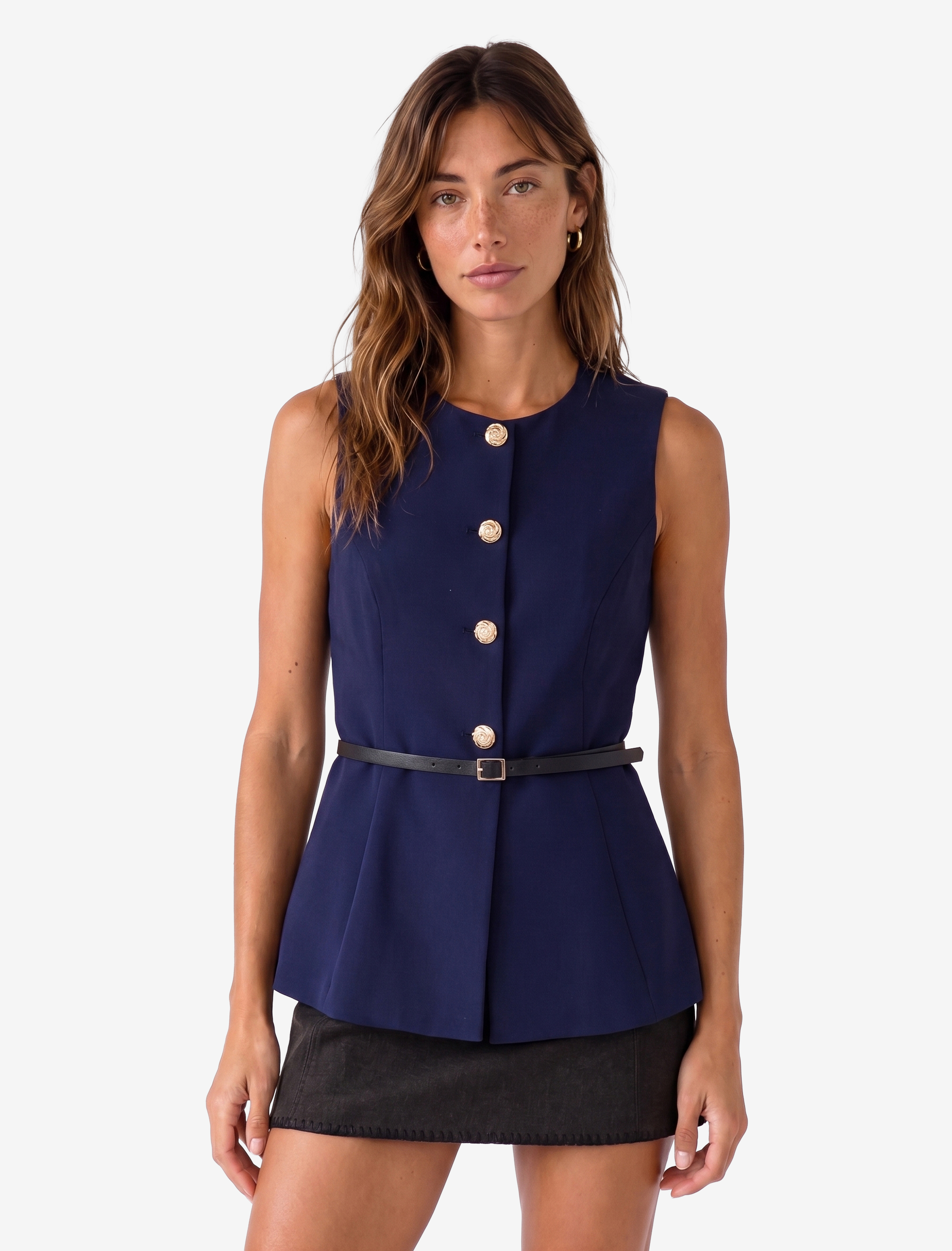   Slim Fit Mücevher Düğmeli Bisiklet Yaka Kemerli Peplum Yelek