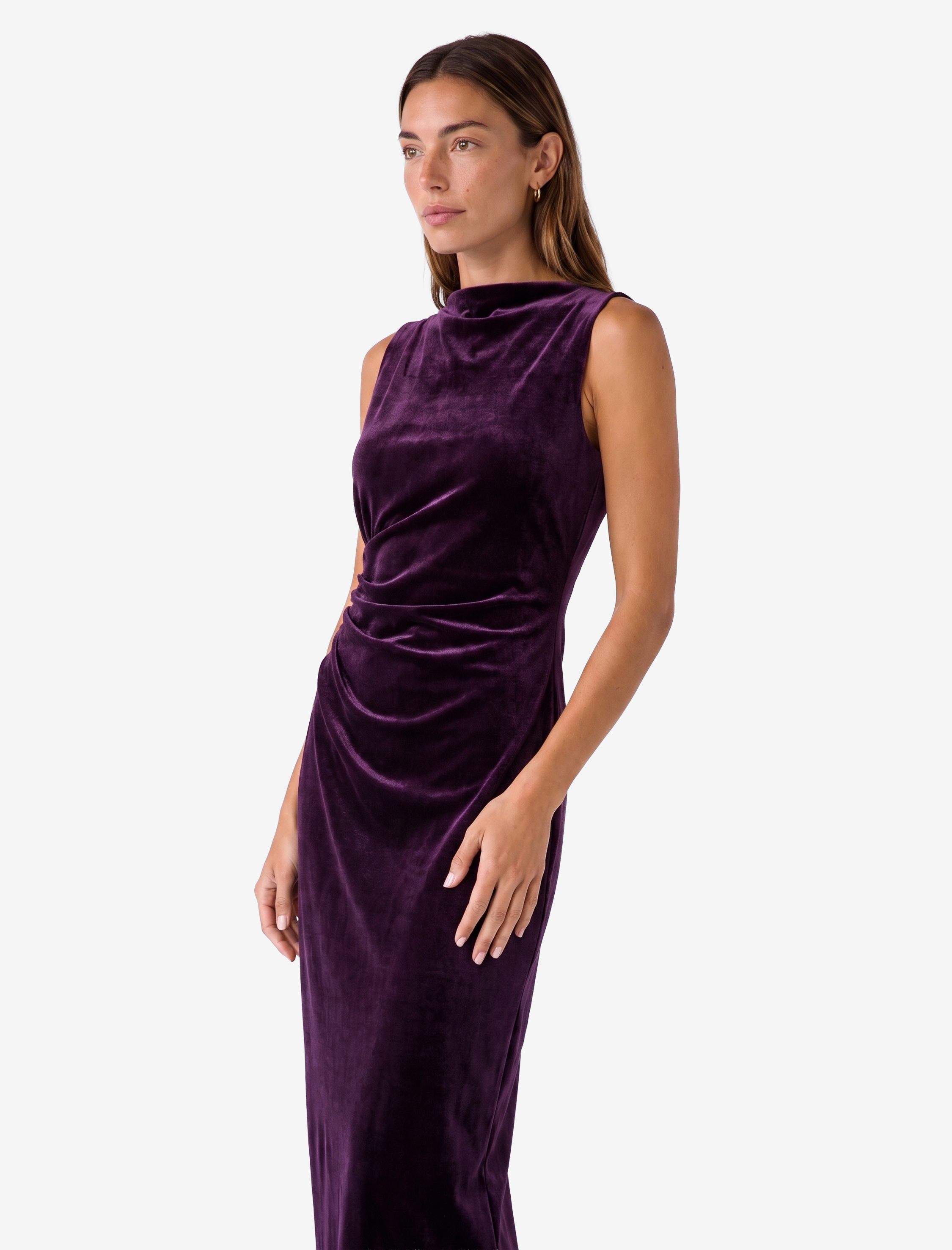   Slim Fit Bodycon Drapeli Hafif Dik Yaka Yırtmaçlı Kolsuz Midi Boy Kadife Elbise