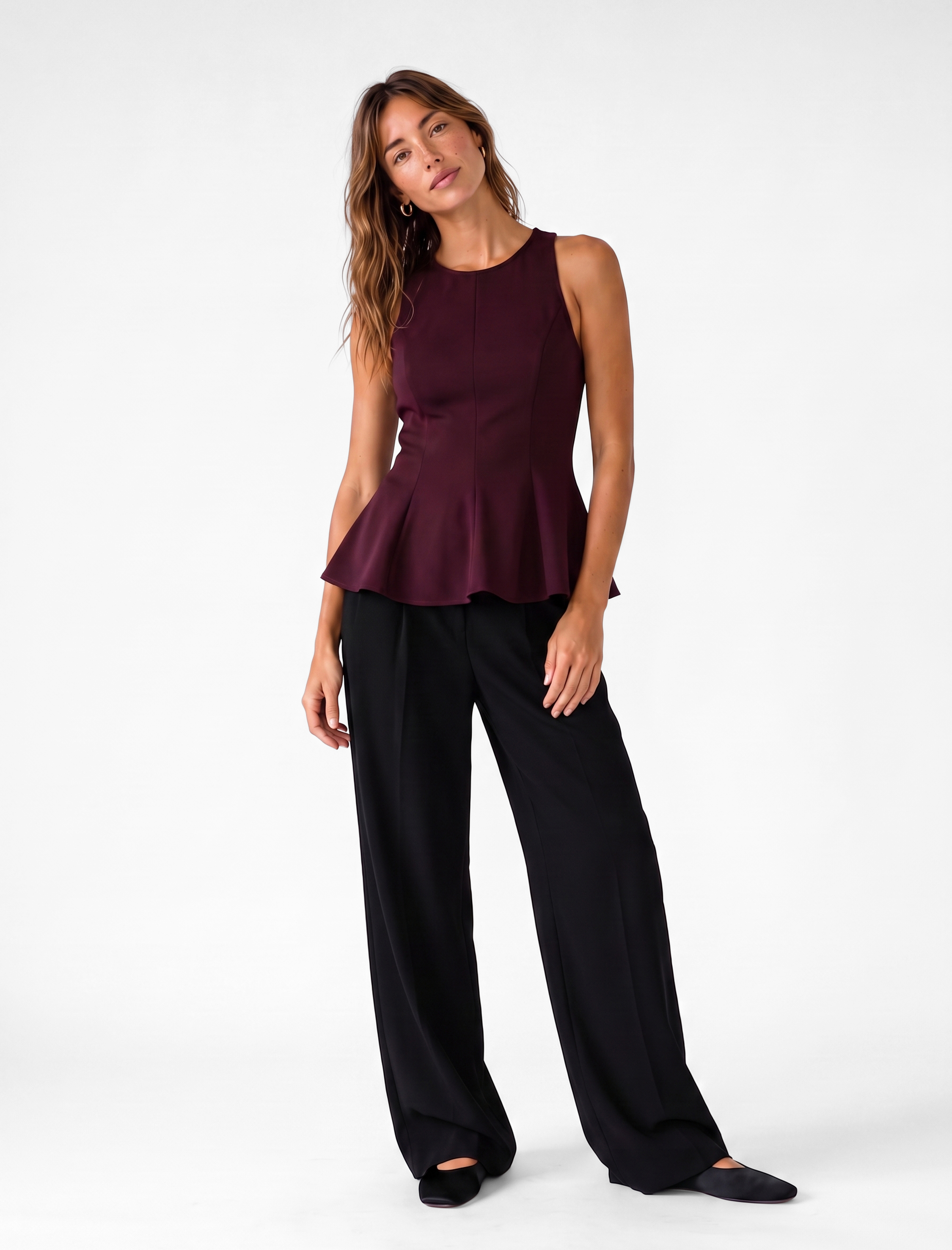   Slim Fit Bisiklet Yaka Kolsuz Peplum Bluz