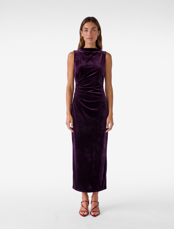  Slim Fit Bodycon Drapeli Hafif Dik Yaka Yırtmaçlı Kolsuz Midi Boy Kadife Elbise