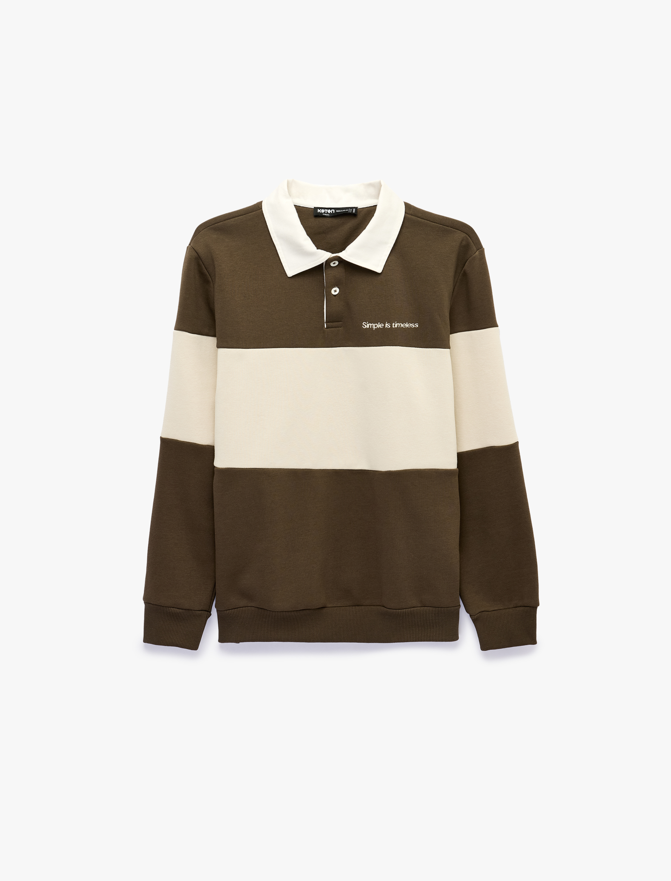   Renk Bloklu Nakışlı Polo Yaka Uzun Kollu Sweatshirt