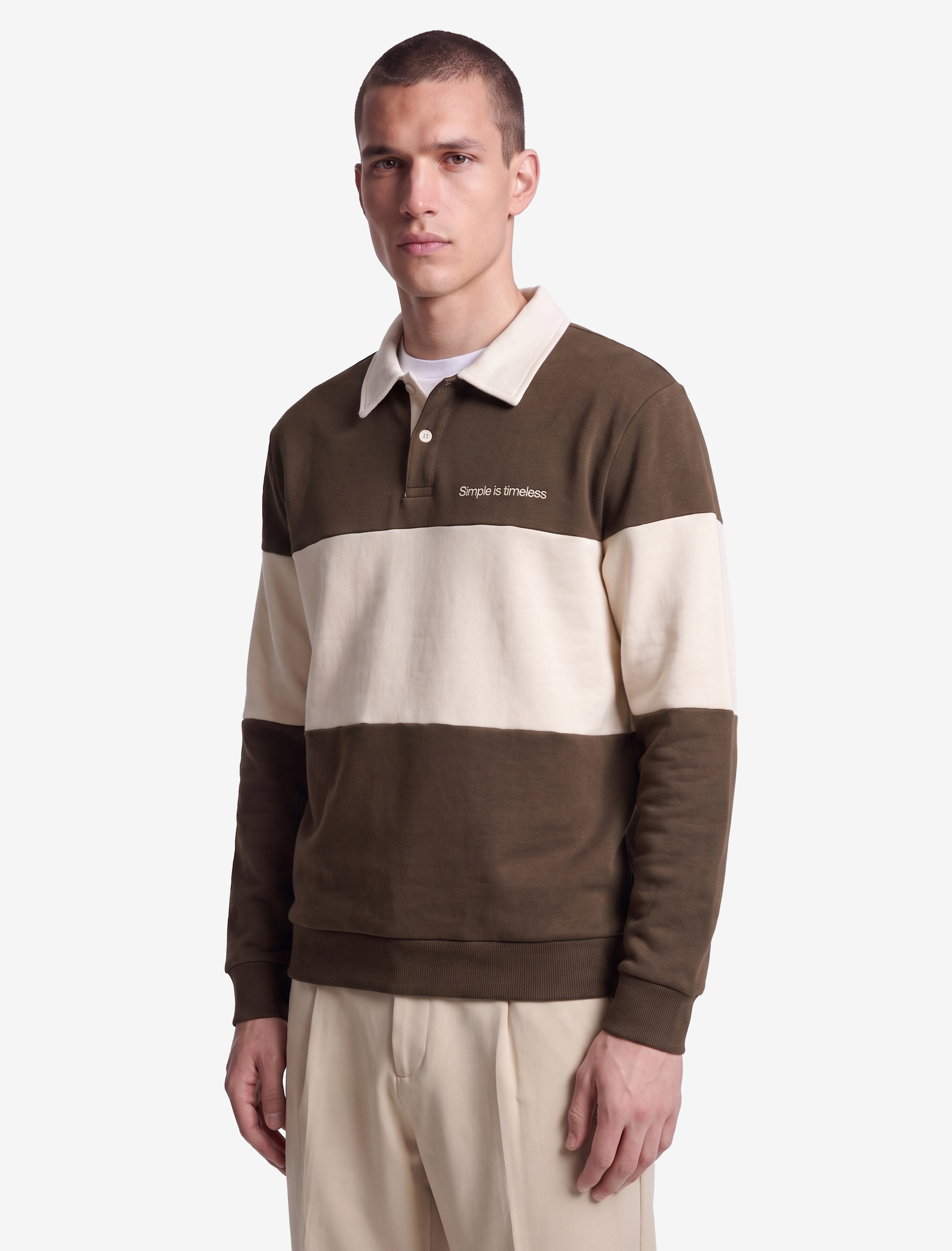   Renk Bloklu Nakışlı Polo Yaka Uzun Kollu Sweatshirt