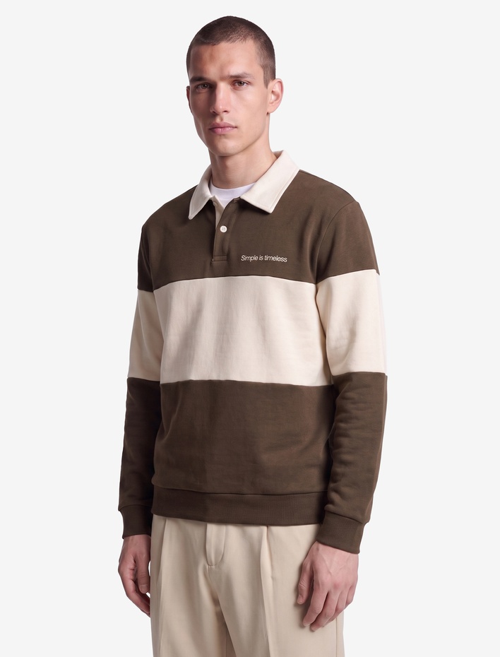  Renk Bloklu Nakışlı Polo Yaka Uzun Kollu Sweatshirt