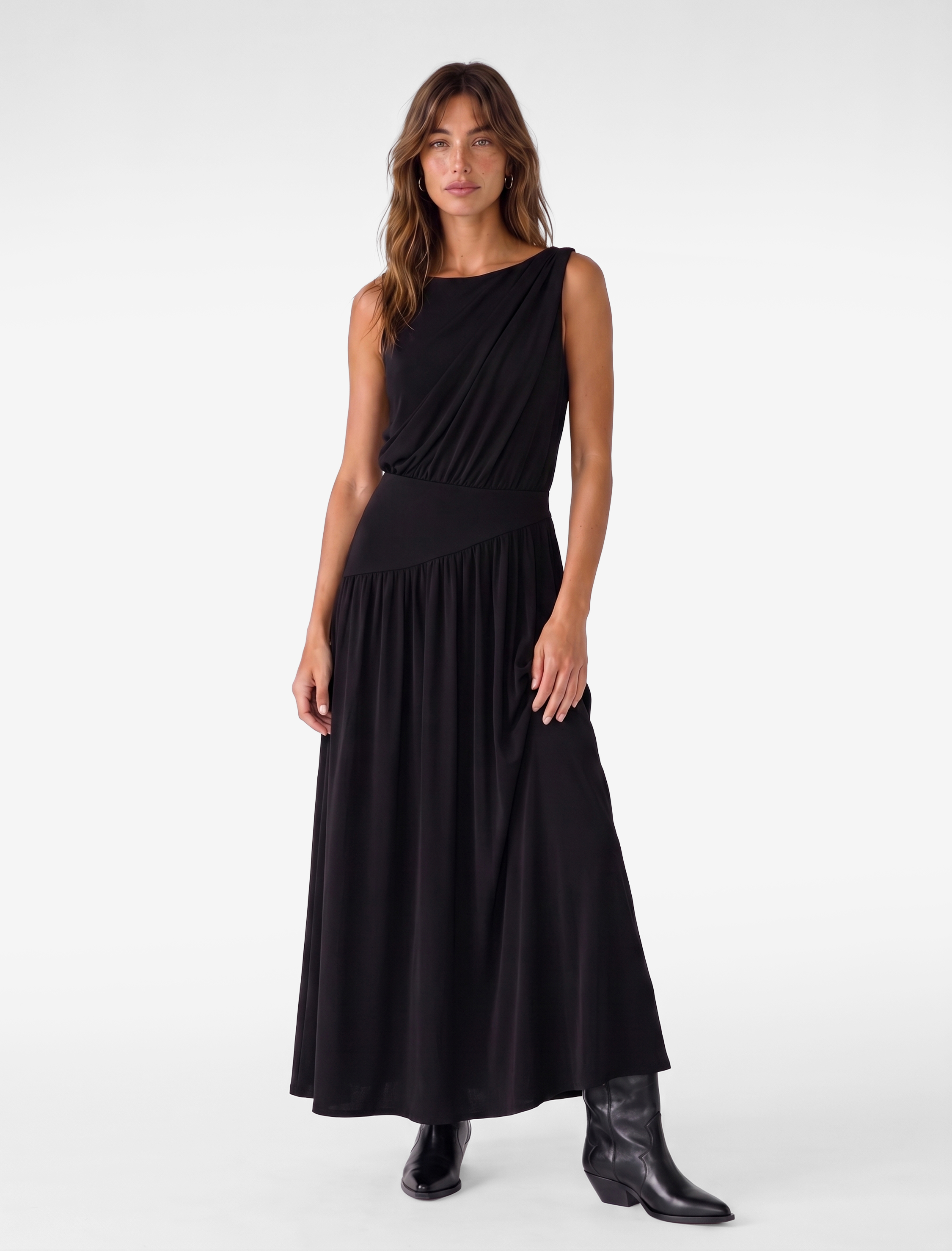   Slim Fit Drapeli Yuvarlak Kayık Yaka Kolsuz Düşük Bel Uzun Elbise