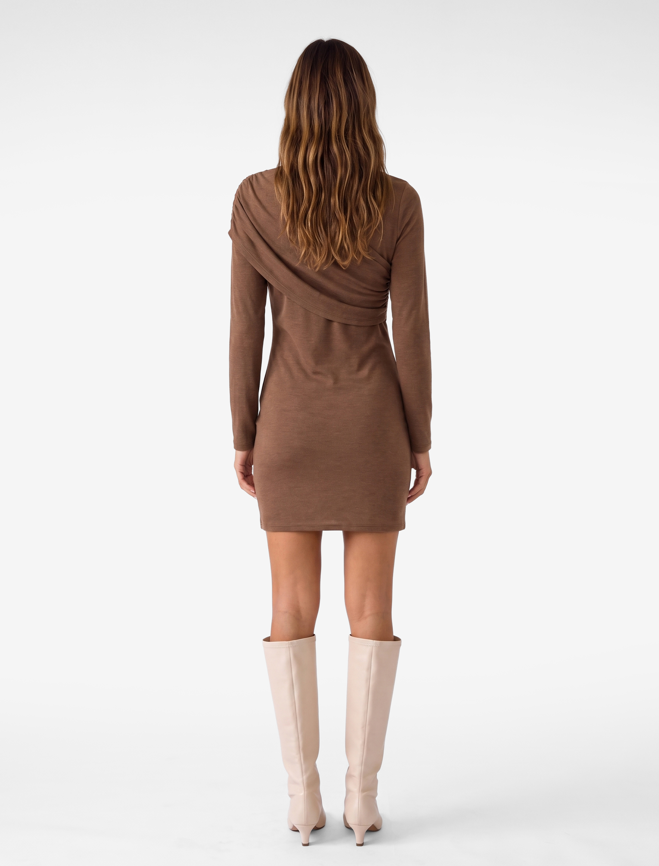   Koyun Yünü Karışımlı Slim Fit Uzun Kollu Drapeli Mini Elbise