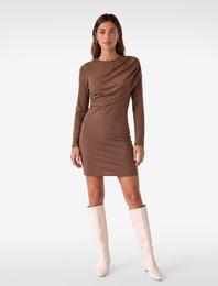 Koyun Yünü Karışımlı Slim Fit Uzun Kollu Drapeli Mini Elbise
