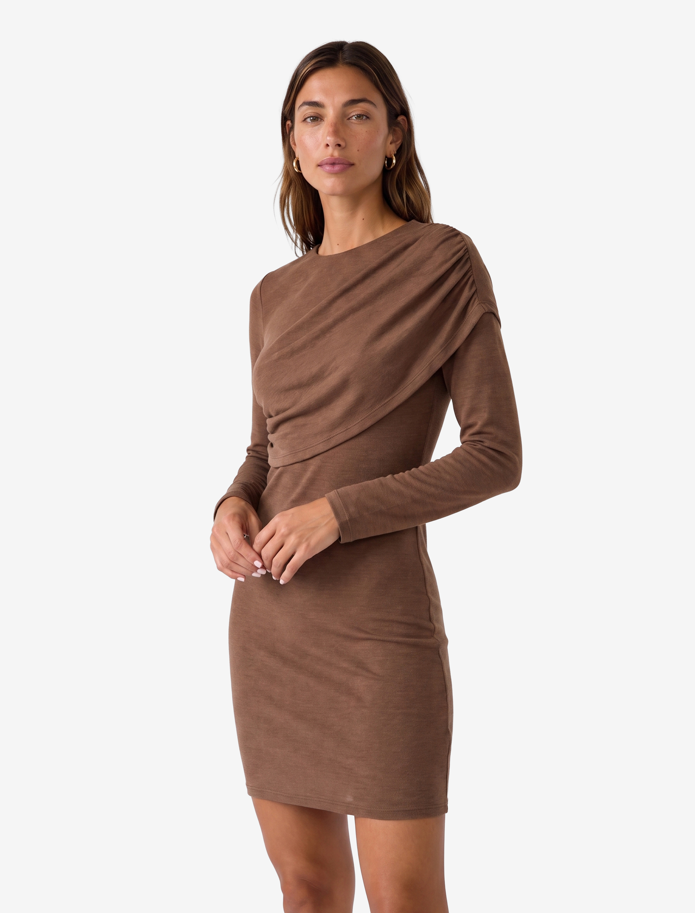   Koyun Yünü Karışımlı Slim Fit Uzun Kollu Drapeli Mini Elbise