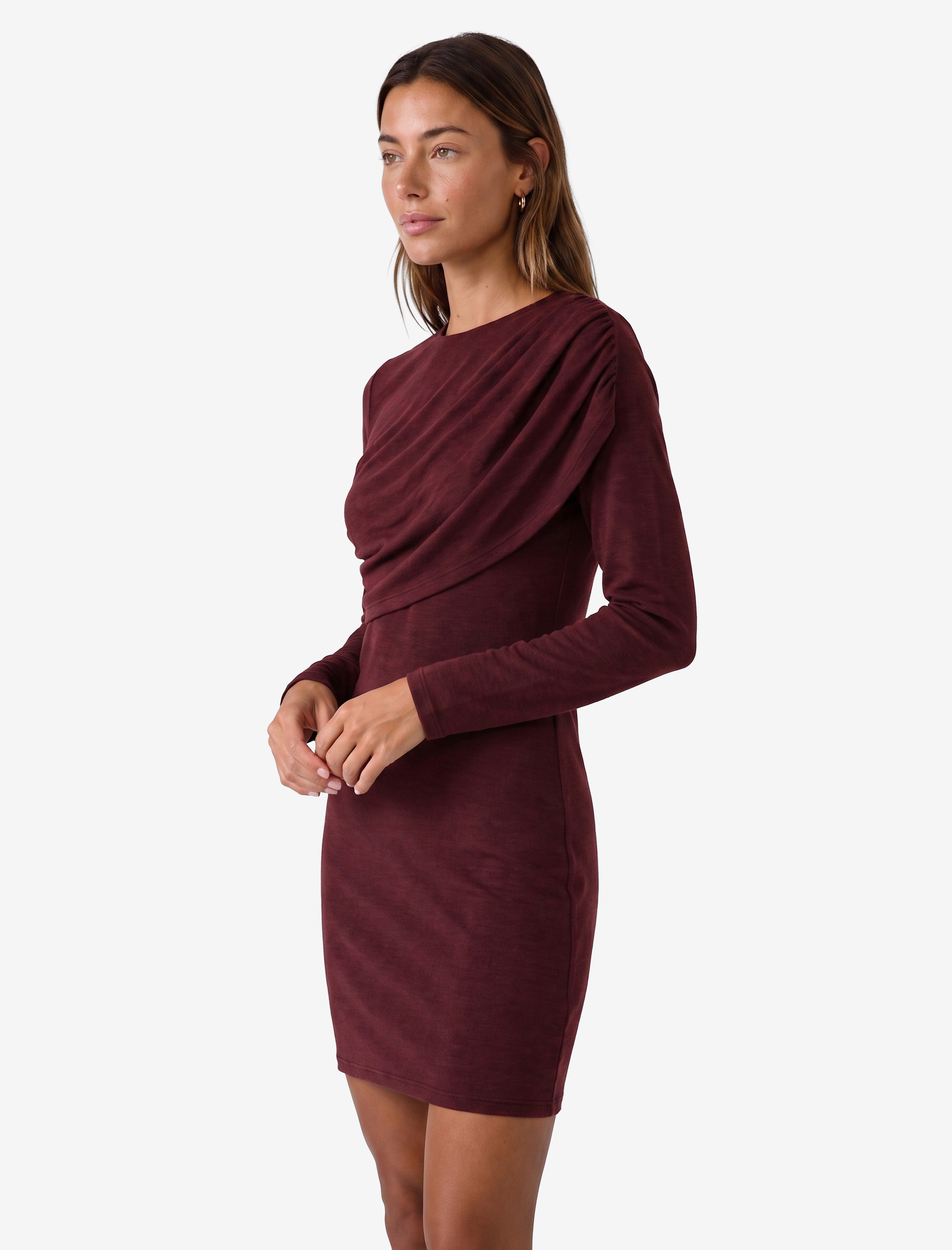   Koyun Yünü Karışımlı Slim Fit Uzun Kollu Drapeli Mini Elbise