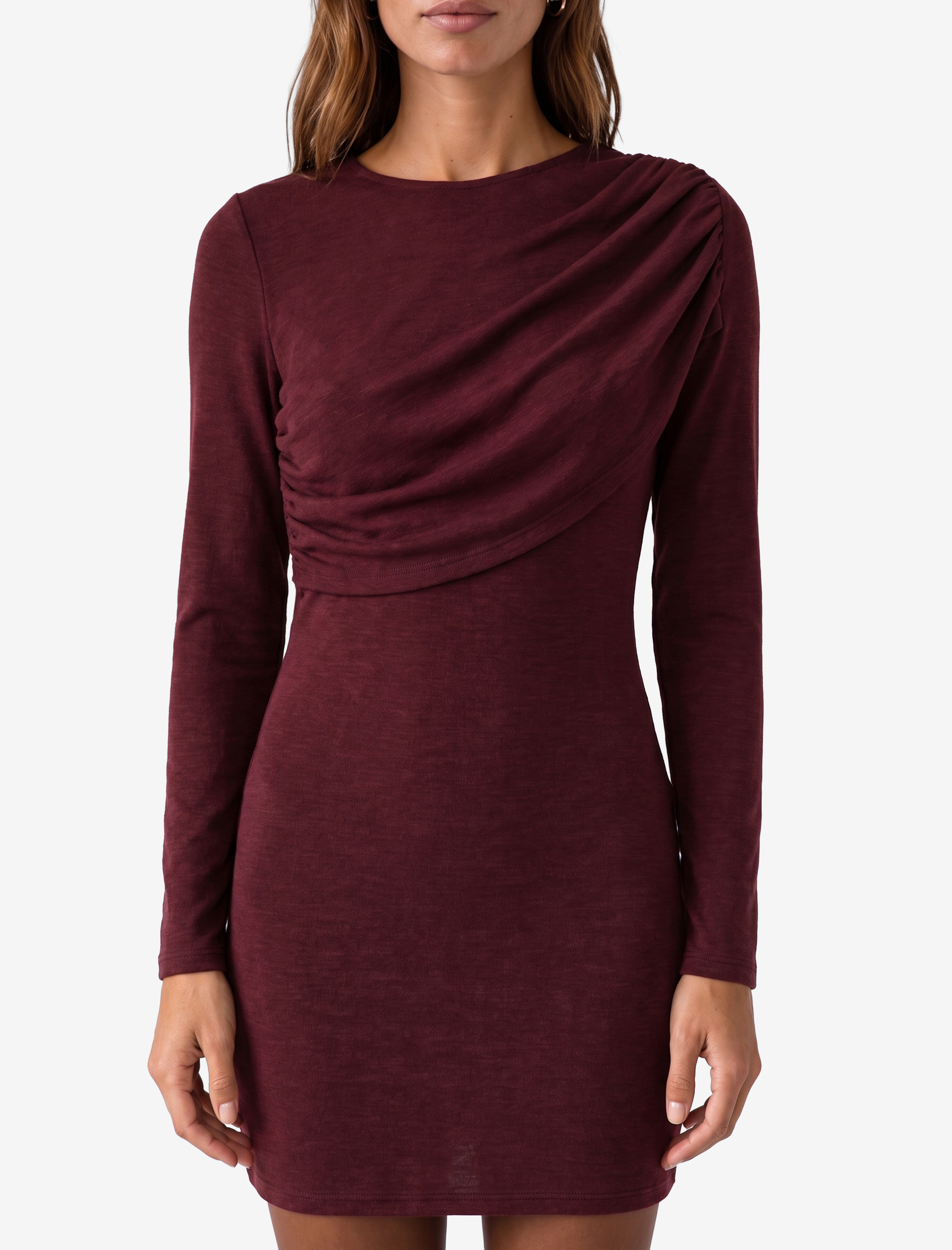   Koyun Yünü Karışımlı Slim Fit Uzun Kollu Drapeli Mini Elbise