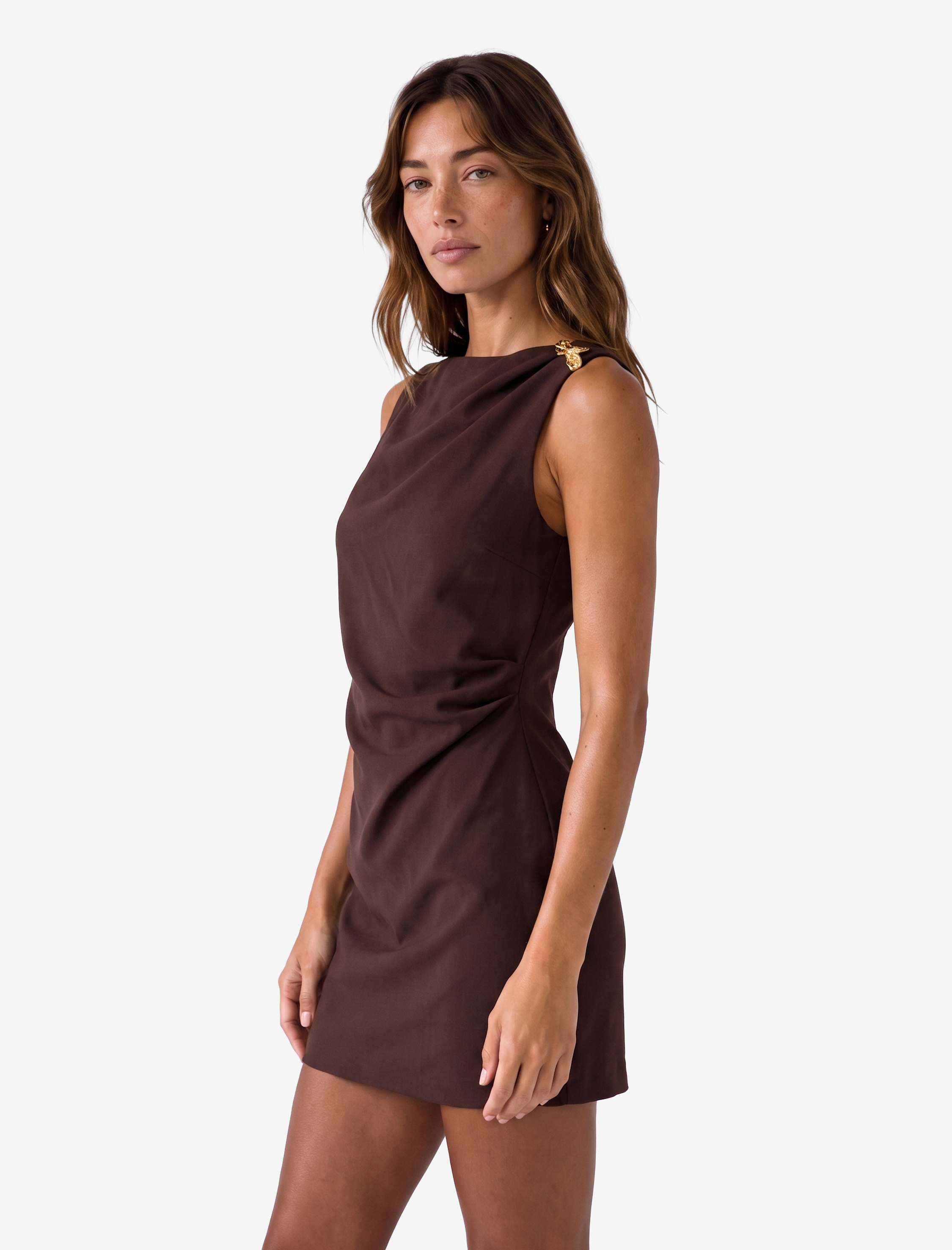   Slim Fit Aksesuarlı Drapeli Kolsuz Bisiklet Yaka Mini Elbise