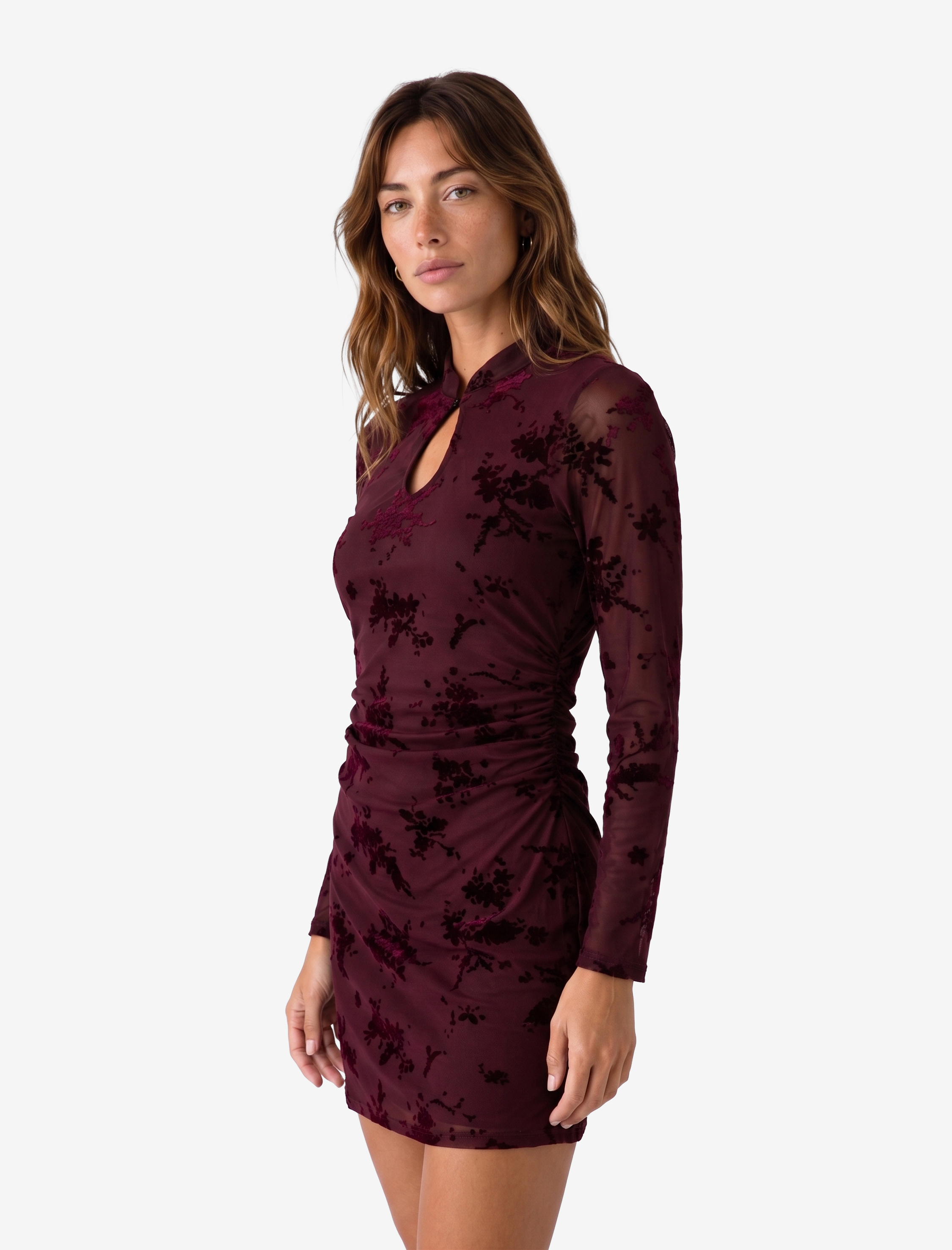   Slim Fit Drapeli Uzun Kollu Dik Qipao Yaka Çiçekli Tül Mini Elbise