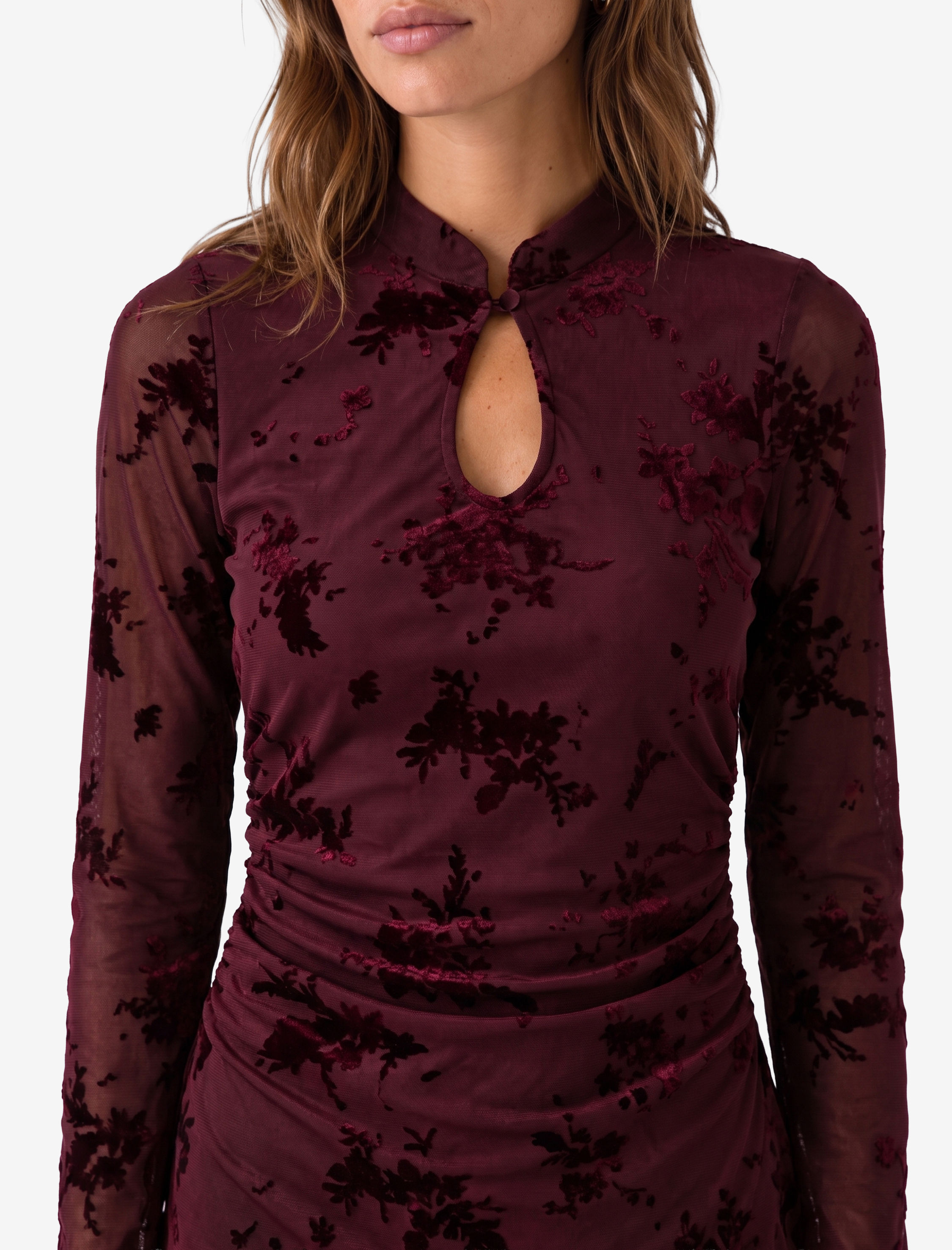   Slim Fit Drapeli Uzun Kollu Dik Qipao Yaka Çiçekli Tül Mini Elbise