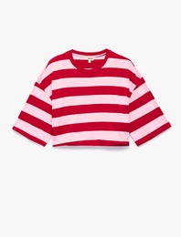 Pamuklu Bisiklet Yaka 3/4 Kollu Çizgili Crop Tişört