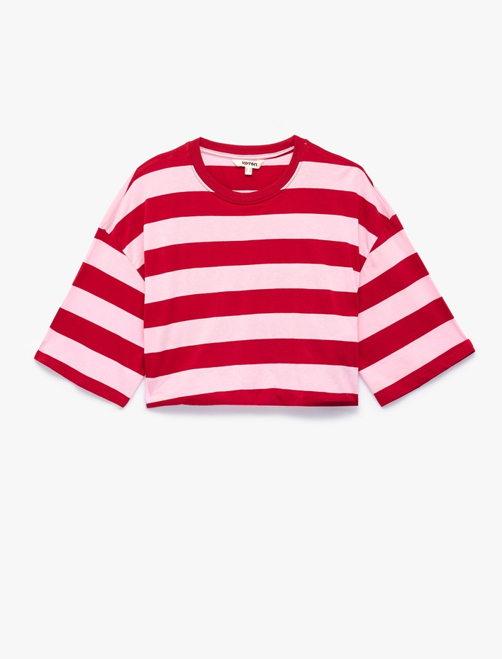  Pamuklu Bisiklet Yaka 3/4 Kollu Çizgili Crop Tişört