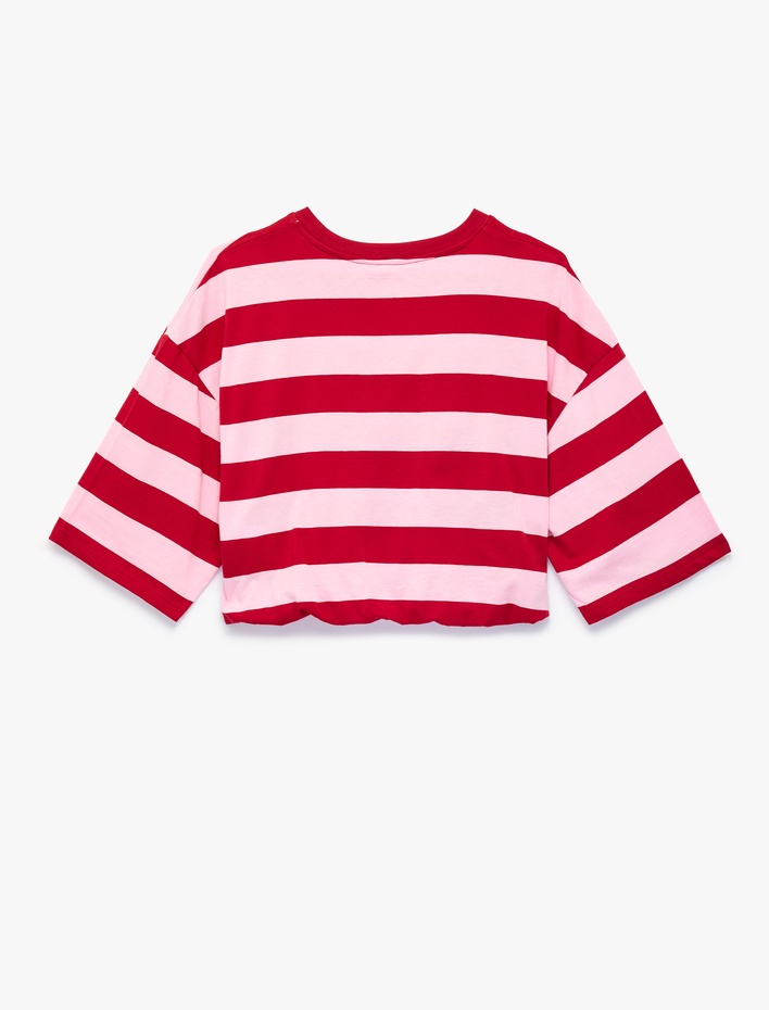  Pamuklu Bisiklet Yaka 3/4 Kollu Çizgili Crop Tişört