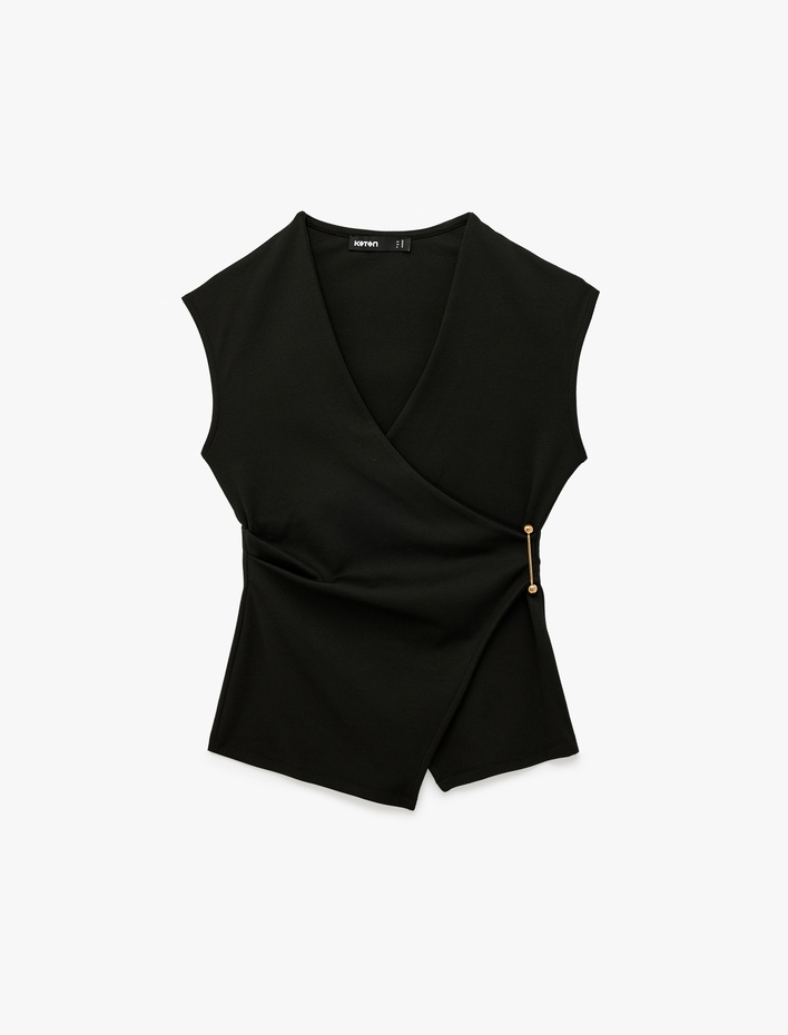  Slim Fit Metal Aksesuarlı V Yaka Kruvaze Yelek