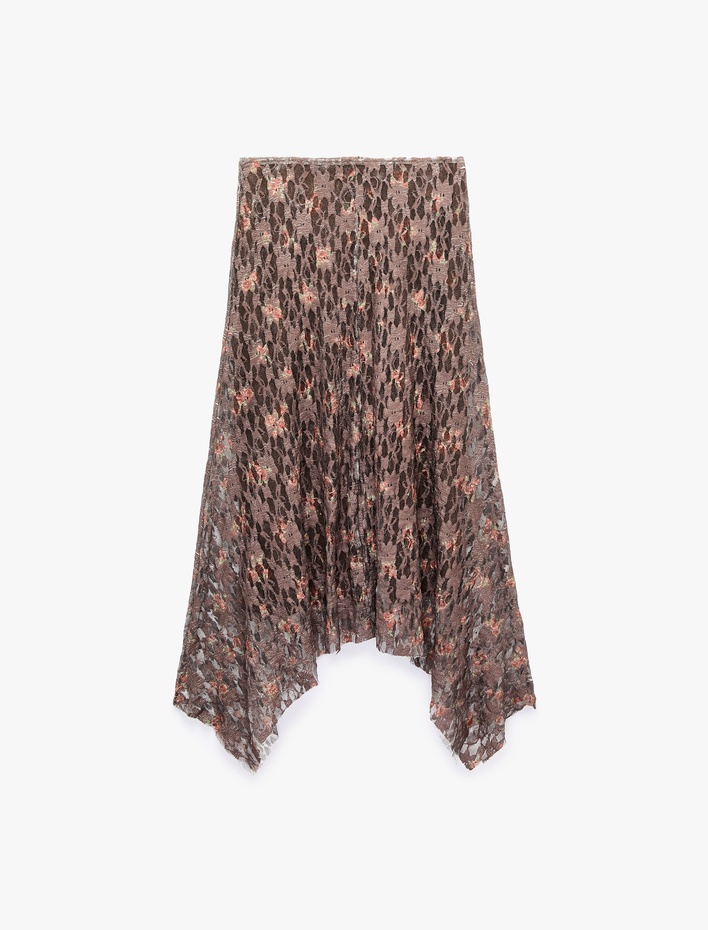  Slim Fit Asimetrik Dantelli Midi Etek
