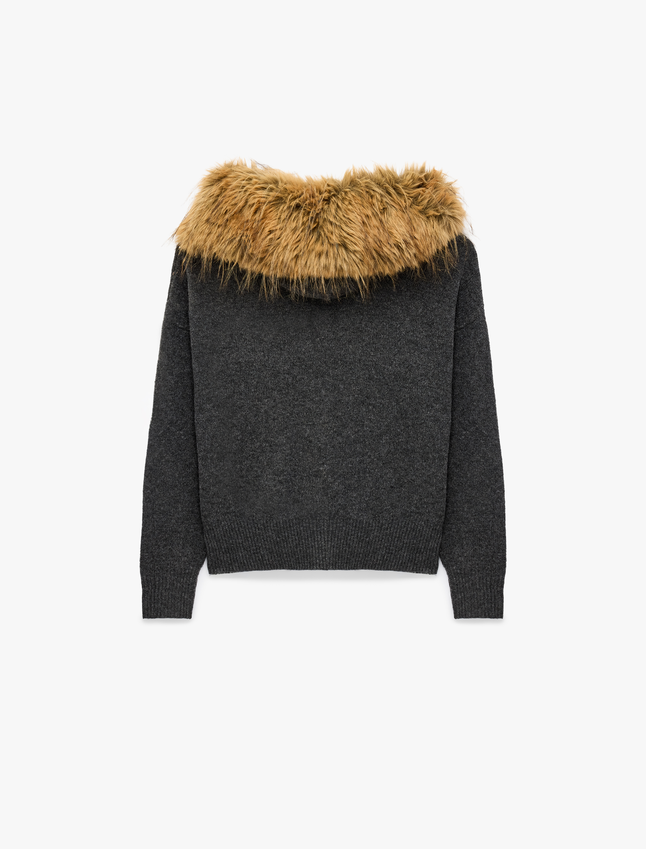   Uzun Kollu Çıkarılabilir Suni Kürk Yaka Fermuarlı Triko Hırka