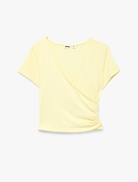 Pamuklu Slim Fit Drapeli Kısa Kollu V Yaka Kruvaze Tişört