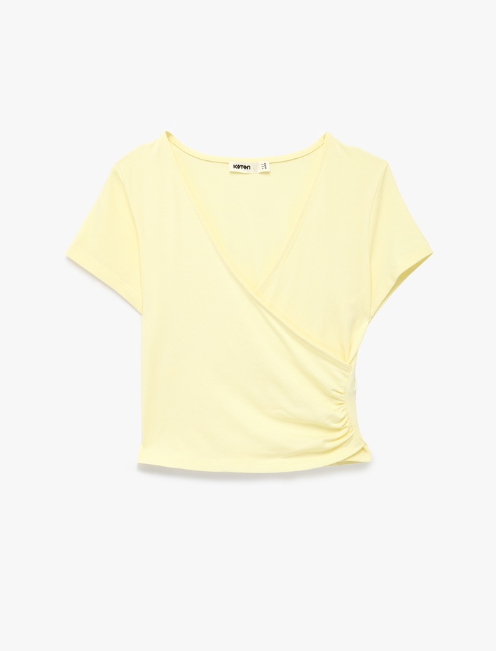  Pamuklu Slim Fit Drapeli Kısa Kollu V Yaka Kruvaze Tişört