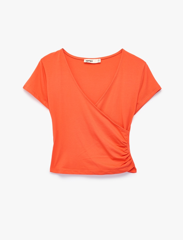  Pamuklu Slim Fit Drapeli Kısa Kollu V Yaka Kruvaze Tişört