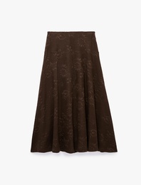 Pileli Floral Dokulu Midi Kloş Midi Etek