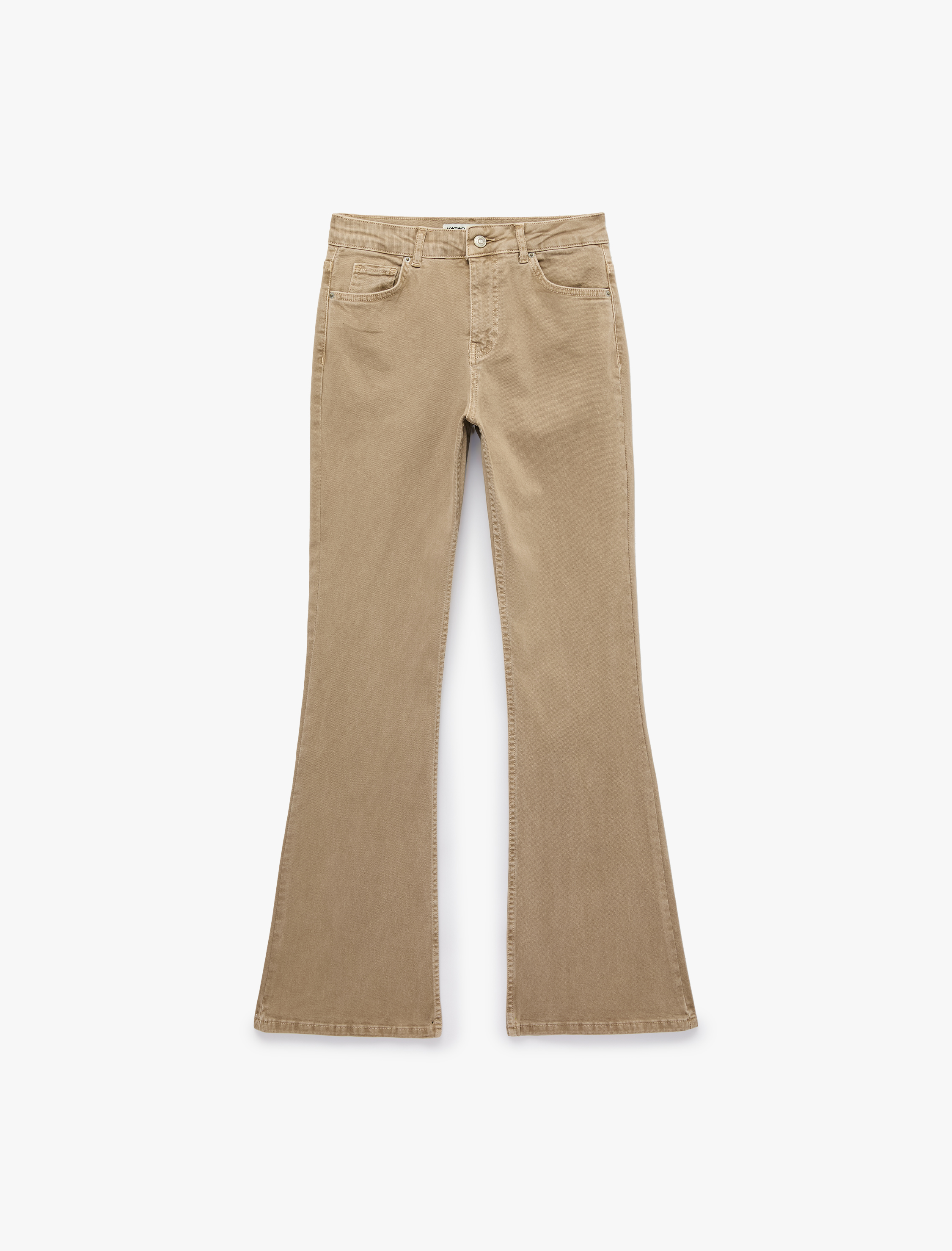   Pamuklu Dar Kesim Yüksek Bel Cepli Düğmeli İspanyol Paça Pantolon - Flare Jeans