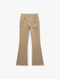 Pamuklu Dar Kesim Yüksek Bel Cepli Düğmeli İspanyol Paça Pantolon - Flare Jeans