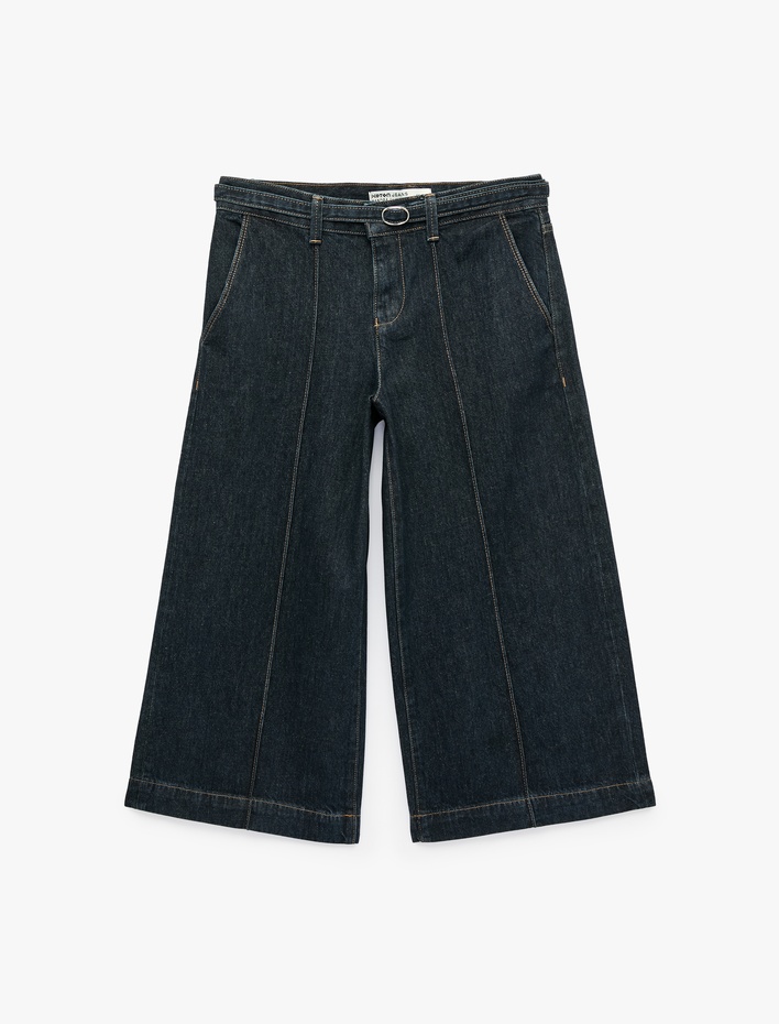  Pamuklu Cepli Kemerli Culotte Denim Pantolon