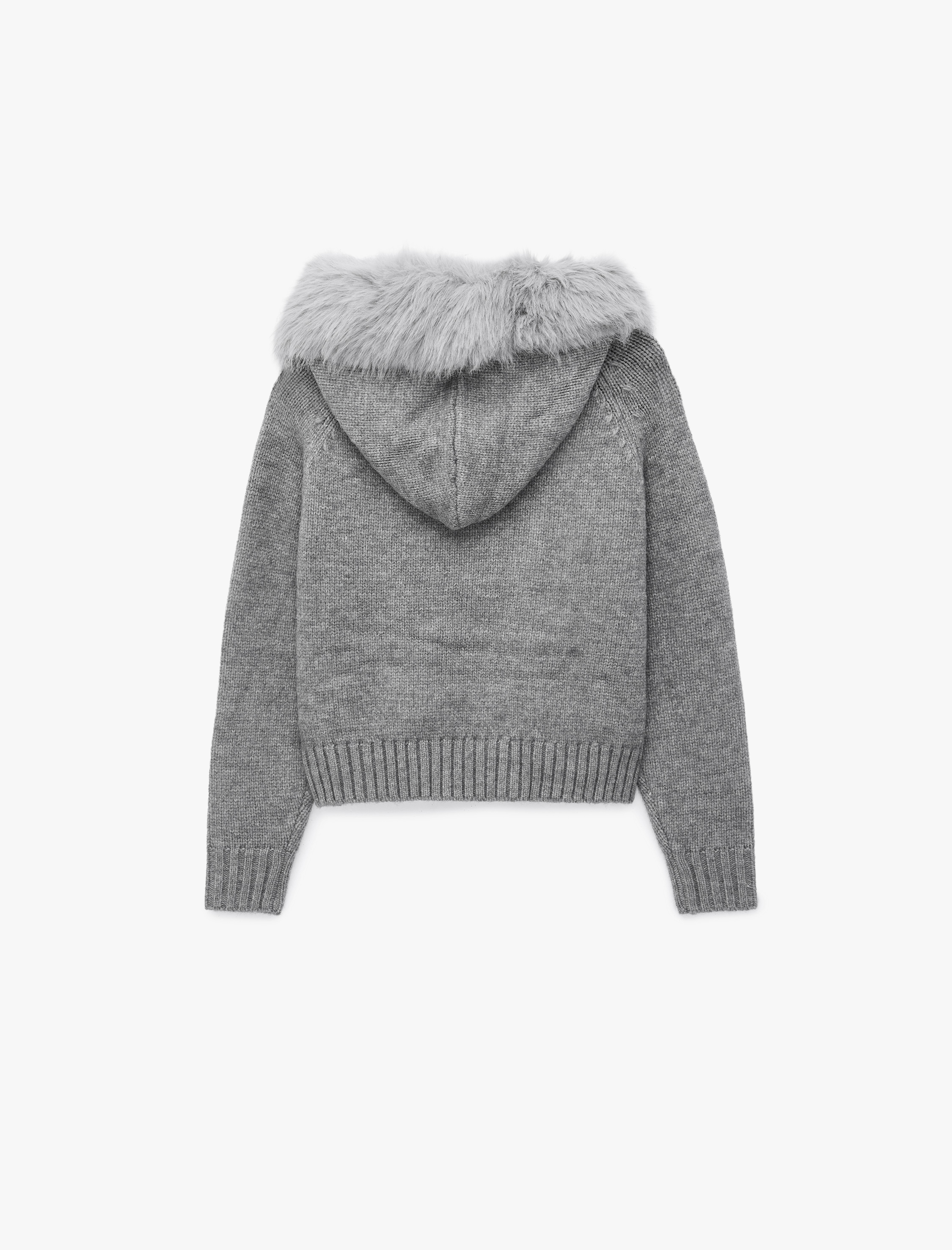   Uzun Kollu Slim Fit Fermuarlı Suni Kürklü Kapüşonlu Triko Hırka
