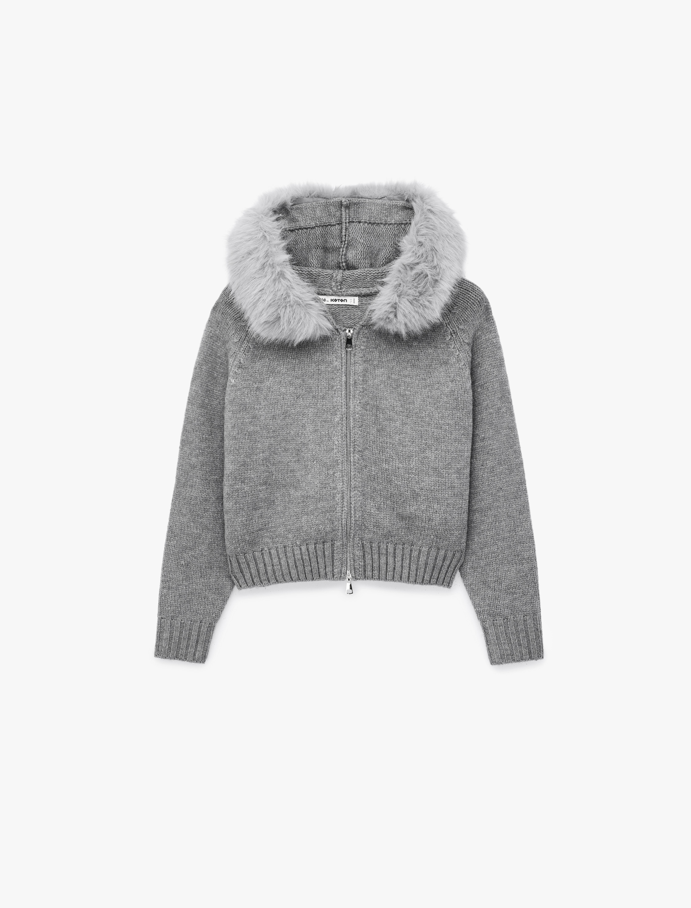   Uzun Kollu Slim Fit Fermuarlı Suni Kürklü Kapüşonlu Triko Hırka