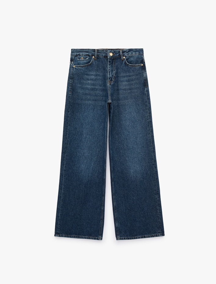 Pamuklu Cepli Geniş Paça Denim Pantolon - Wide Leg Jeans