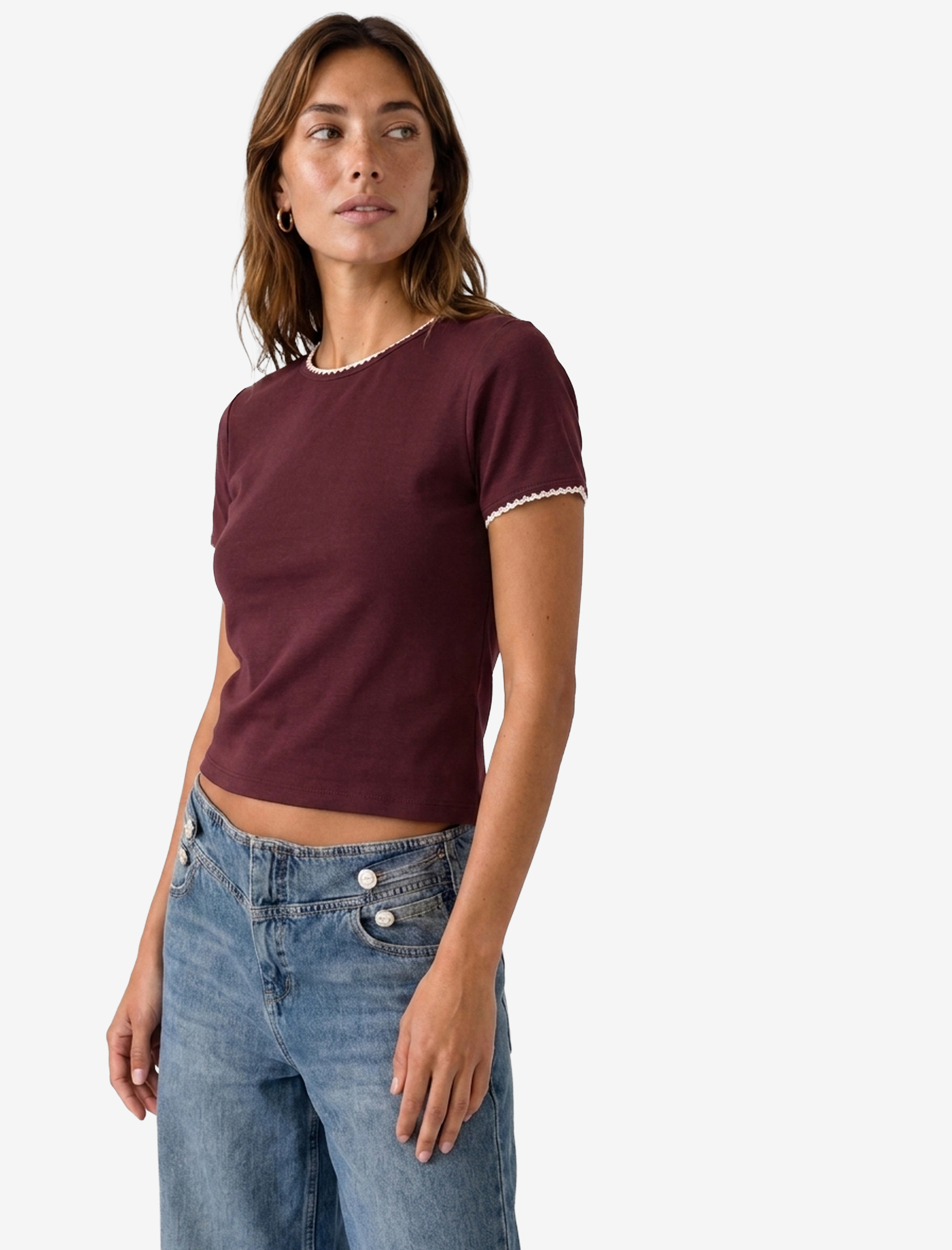   Pamuklu Slim Fit Kroşe Detaylı Bisiklet Yaka Kısa Kollu Tişört