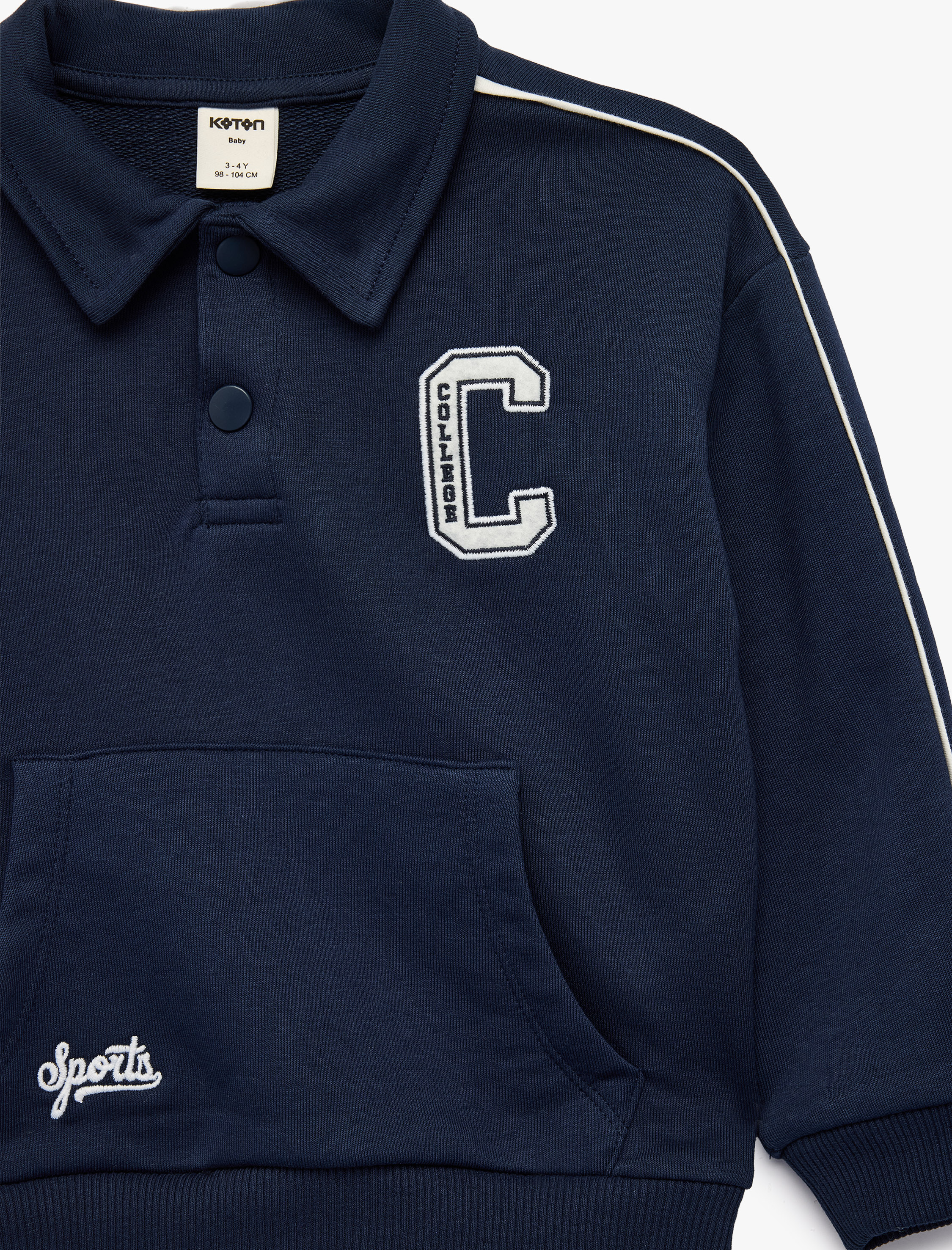  Erkek Bebek Uzun Kollu Kanguru Cepli Nakış Detaylı Oversize Polo Yaka Sweatshirt