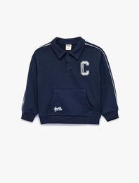 Uzun Kollu Kanguru Cepli Nakış Detaylı Oversize Polo Yaka Sweatshirt