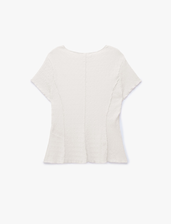  Bürümcük Kumaş Hafif Peplum Kesim Nervürlü Bisiklet Yaka Kısa Kollu Bluz