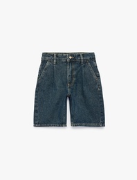 Pile Detaylı Loose Fit Pamuklu Denim Şort
